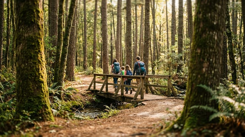 Family of four with backpacks crossing a wooden footbridge over a stream during a hike in a dense, sunlit pine forest