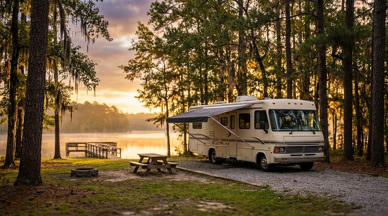 Beige Class A motorhome parked at a wooded campsite with a picnic table and fire ring, featuring Spanish moss hanging from pine trees and a wooden dock extending into a misty lake during a golden sunset.