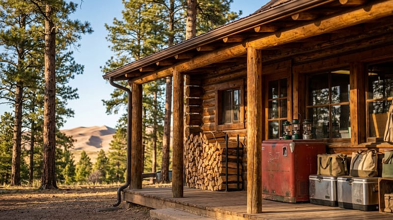 Rustic log cabin porch stocked with stacked firewood, a vintage red cooler, and camping gear, overlooking a pine forest with illuminated sand dunes in the background