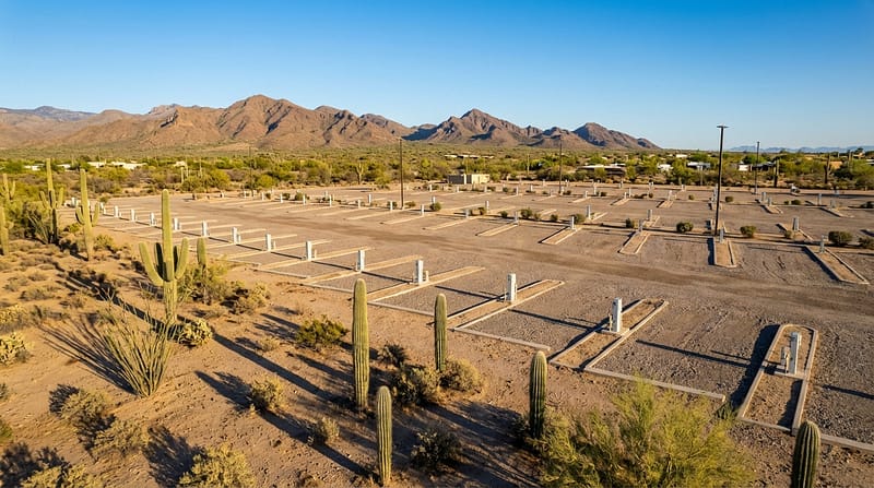 Empty desert RV park featuring gravel sites with concrete utility hookups surrounded by saguaro cacti and low shrubs with a rugged mountain range in the background under a clear blue sky