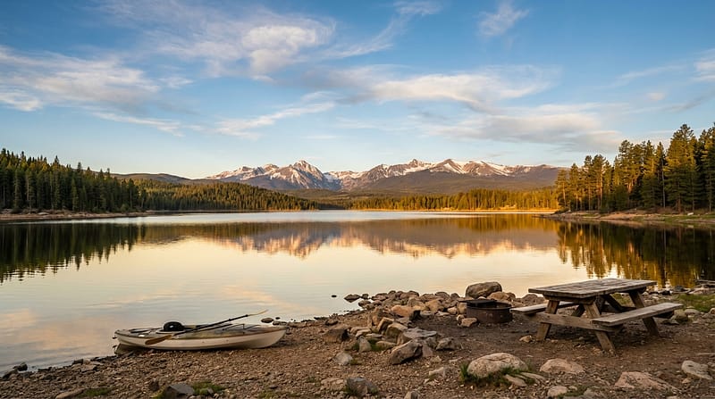White kayak resting on a rocky shore next to a wooden picnic table and fire ring overlooking a calm lake with snow-capped mountains and pine forests reflecting in the water during golden hour
