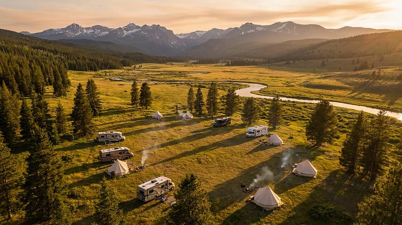 Aerial view of a scenic campground featuring motorhomes and white canvas glamping tents scattered across a grassy valley floor near a winding river, with pine forests and jagged mountain peaks illuminated by golden sunset light
