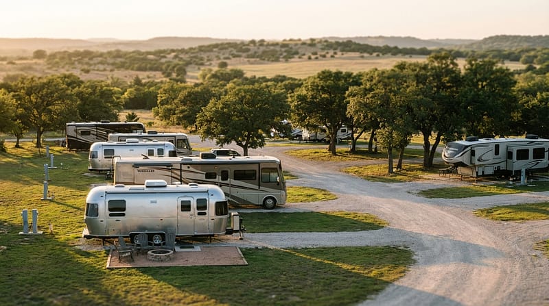 Scenic RV park featuring Airstream trailers and large motorhomes parked on gravel sites amidst scattered trees and green grass, with rolling hills glowing in the golden sunset background