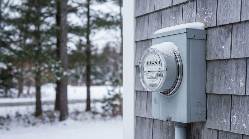 Snow-covered residential electric meter mounted on the gray shingled siding of a house with a blurred wintry landscape in the background