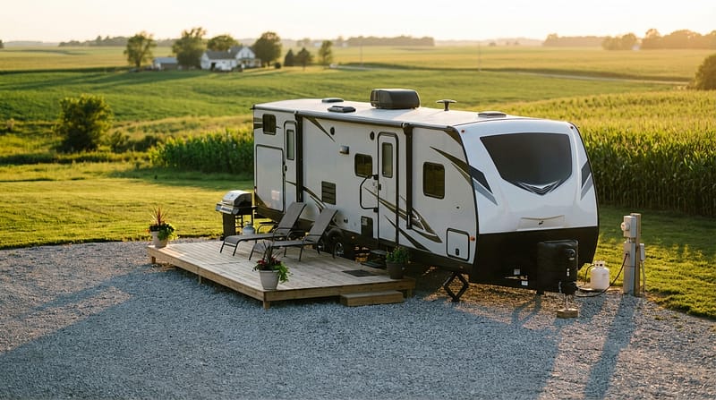 White travel trailer parked on a gravel campsite featuring a wooden deck with lounge chairs and a grill, set against a backdrop of rolling green cornfields and a distant farmhouse during sunset