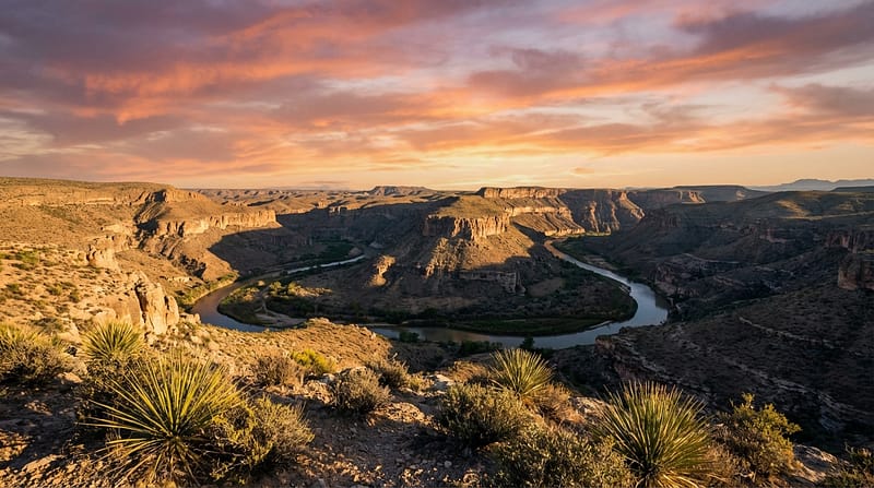 Scenic desert canyon landscape with a river curving around a central plateau under a vibrant sunset sky filled with pink and orange clouds, framed by spiky yucca plants in the rocky foreground.