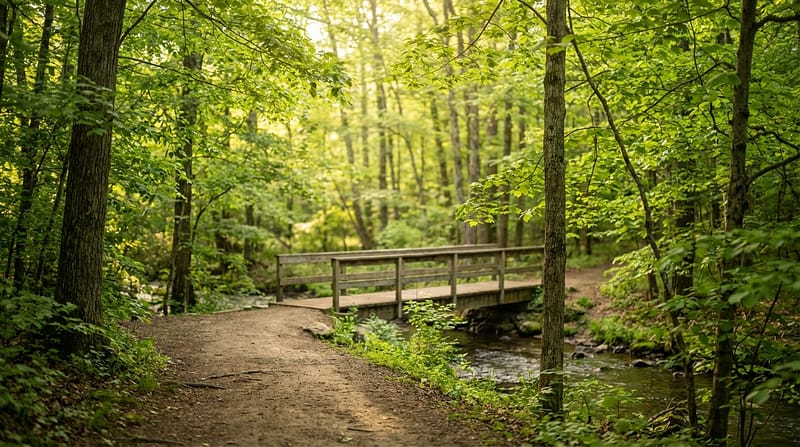 Dirt hiking path leading to a wooden footbridge over a small stream in a lush green forest with dappled sunlight filtering through the trees