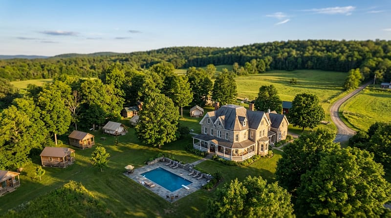 Aerial view of a sprawling countryside retreat featuring a historic stone mansion with a wrap-around porch. The lush green property includes a rectangular swimming pool, small wooden guest cabins, and canvas glamping tents nestled among mature trees, with a winding dirt road and rolling forested hills in the background under a blue sky.