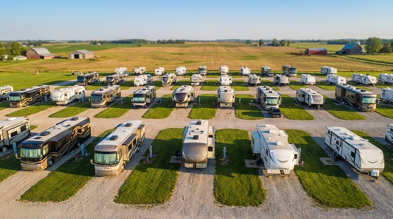 Aerial view of a large rural RV park filled with parked motorhomes and travel trailers on gravel pads separated by strips of green grass, with farm fields and barns in the background under a clear blue sky.