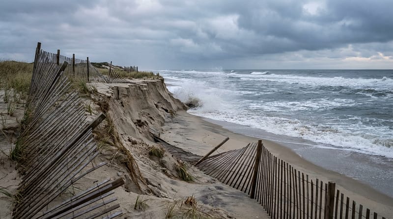 Severe coastal erosion showing steep, collapsed sand dunes and broken wooden fencing falling toward the beach as rough ocean waves crash ashore under a dark, stormy sky.