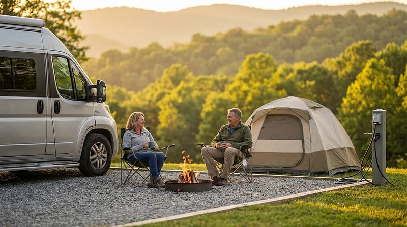 A senior couple sits in folding chairs around a campfire next to a silver camper van and a dome tent at an RV campsite, with lush forested mountains glowing in the background during golden hour.