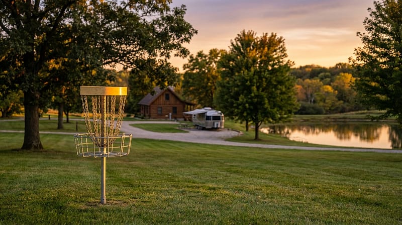 Metal disc golf basket on a grassy lawn illuminated by a sunset, with a wooden log cabin, silver travel trailer, and tranquil pond surrounded by trees in the background.
