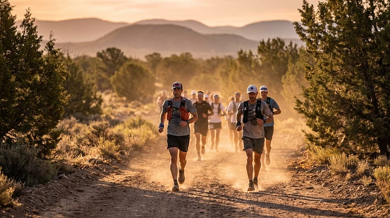 A group of trail runners wearing hydration vests race down a dusty dirt path in a desert landscape at golden hour, kicking up dirt with mountains in the distance.
