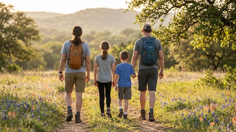 A family of four seen from behind hiking along a sunny dirt trail surrounded by a meadow of tall grass and blue wildflowers. Two adults wearing backpacks walk alongside a young girl and boy toward distant rolling hills during golden hour.