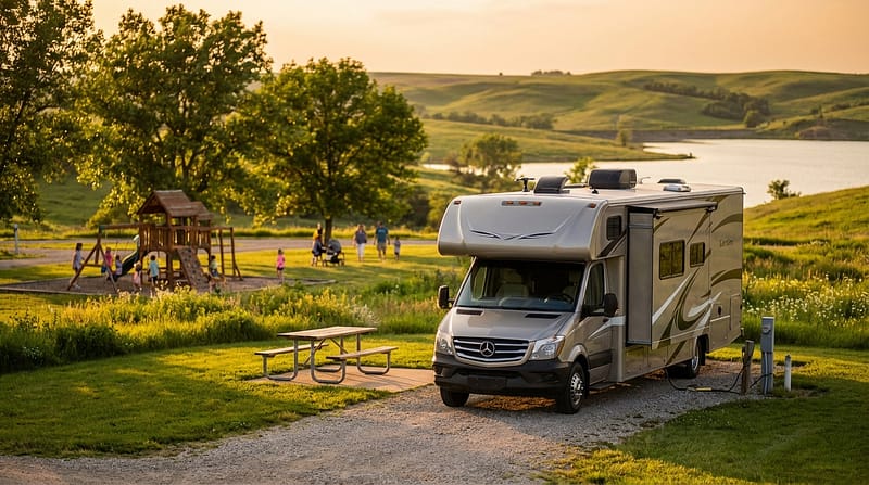 Silver Class C motorhome parked at a scenic lakeside campground at golden hour, with a picnic table nearby and families enjoying a wooden playground among grassy rolling hills in the background.