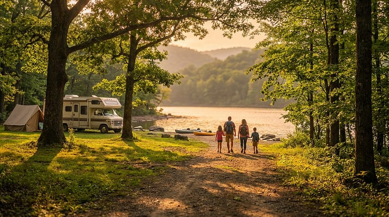 Family of four with backpacks walking down a dirt path toward a serene lake at sunset, with a parked RV, a canvas tent, and two kayaks set up at a wooded shoreline campsite against a backdrop of rolling mountains.
