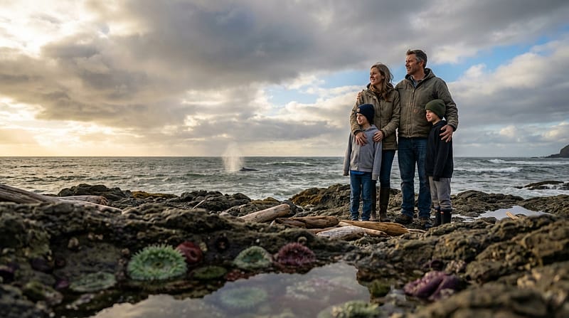 A family of four wearing warm winter clothing stands together on a rocky, driftwood-strewn coastline looking out at a whale spouting in the distant ocean, with vibrant green and purple sea anemones visible in a foreground tide pool under a dramatic, cloudy sky.