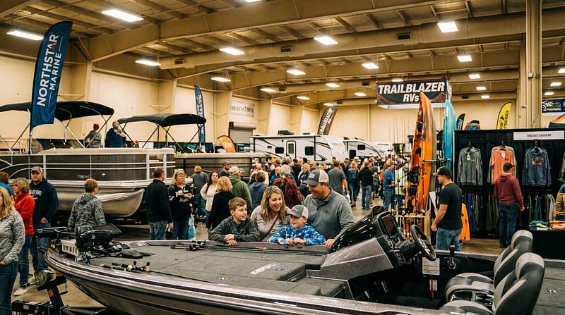 A smiling family admires a gray bass fishing boat at a crowded indoor boat and RV show. The large exhibition hall is filled with attendees browsing pontoon boats, travel trailers, kayaks, and vendor booths, with signs for Northstar Marine and Trailblazer RVs visible above the displays.