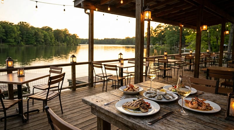 Plates of fresh seafood including grilled fish, oysters, and shrimp alongside glasses of white wine on a rustic wooden table at a waterfront restaurant patio, overlooking a calm tree-lined lake at sunset with glowing string lights and lanterns