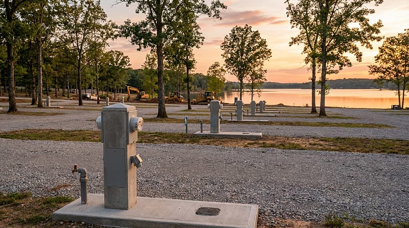 Newly constructed lakeside RV park at sunset featuring empty gravel campsites with concrete utility pedestals in the foreground and yellow construction equipment parked near the water among trees in the background.