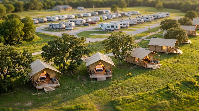 Aerial view of a campground featuring luxury canvas glamping tents on wooden decks in a grassy foreground, with a large RV park full of white campers in the background.