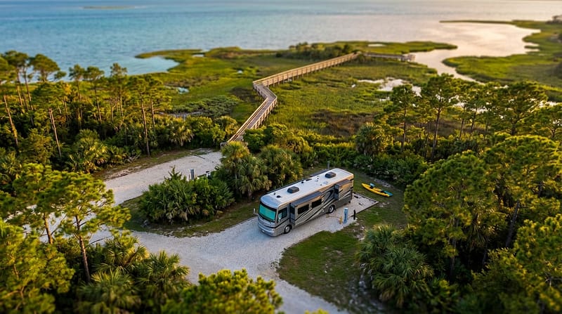 Aerial view of a large silver motorhome parked at a serene coastal campground surrounded by lush green trees. A yellow kayak rests on the grass beside the RV, and a long wooden boardwalk winds through vibrant marshland toward calm blue water in the background.
