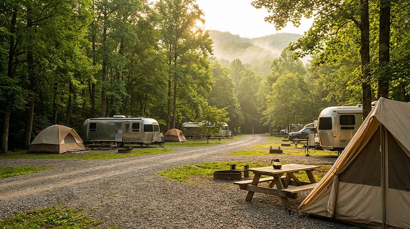 Peaceful morning at a forested campground with misty mountains in the background, featuring a gravel road winding past campsites equipped with silver Airstream travel trailers, a dome tent, and a large canvas tent next to a wooden picnic table.