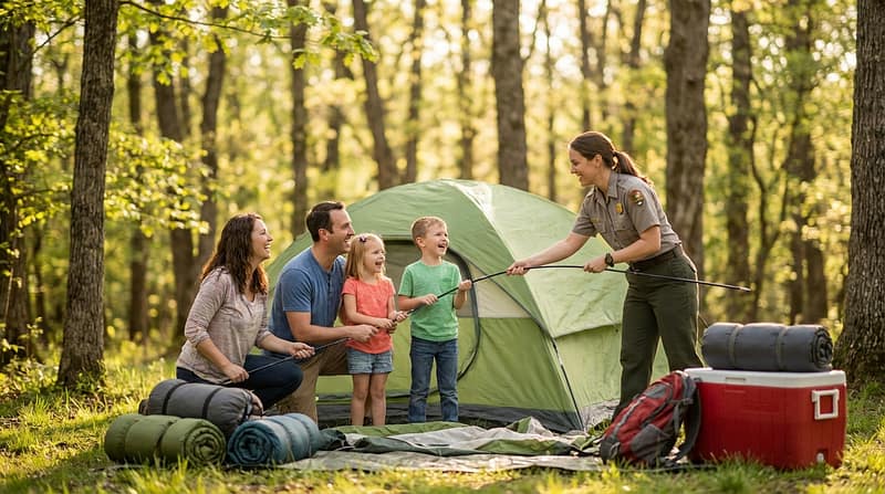 A smiling female park ranger teaches a family of four how to set up camp in a sunlit forest, as the parents and two young children collaboratively hold a tent pole next to a partially pitched green tent, sleeping bags, and a red cooler.