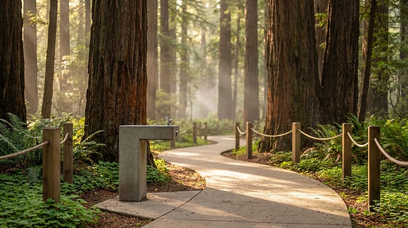 A paved, winding walking path bordered by rope fencing leads through a towering redwood forest. Beside the trail sits a modern concrete water fountain, surrounded by lush green ferns and illuminated by sunlight filtering through the misty trees.