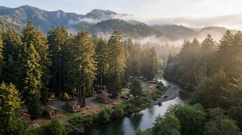 Aerial view of a peaceful riverside campground featuring small wooden cabins nestled among towering evergreen trees with low morning fog rolling through the mountain valley