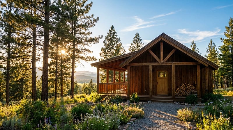 A rustic wooden cabin with a covered porch and stacked firewood sits at the end of a gravel path, surrounded by tall pine trees and blooming wildflowers during a golden sunset, with mountains visible in the distance.