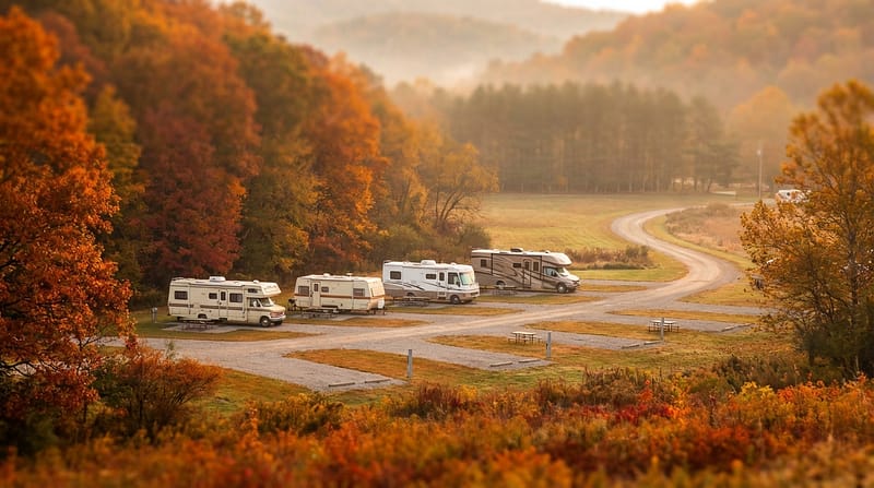 Several RVs and motorhomes parked at a scenic campground surrounded by vibrant orange and red fall foliage, with a winding road and misty hills in the distance.