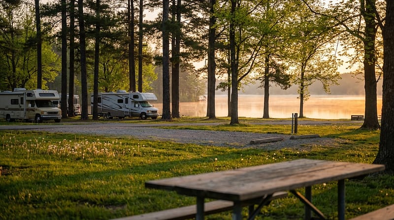 Several RV motorhomes parked at a scenic lakeside campground under tall trees during a misty golden sunrise, with a wooden picnic table on a grassy lawn in the foreground.