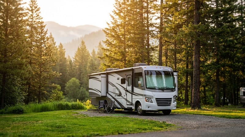 A modern Class A motorhome parked on a gravel campsite in a lush pine forest during golden hour, with misty mountains in the background and two camping chairs set up outside.