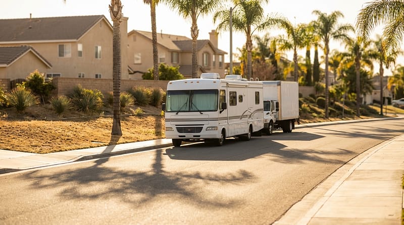 A large white motorhome towing a white box truck on a sunny residential street lined with palm trees and suburban houses.