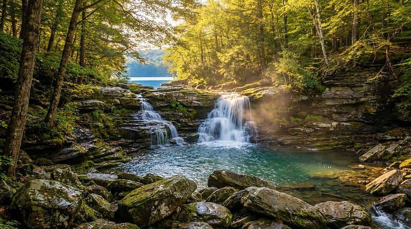 Scenic cascading waterfall flowing over tiered rocky ledges into a clear turquoise pool, surrounded by lush green forest and moss-covered boulders illuminated by warm sunlight, with a serene lake in the distance.