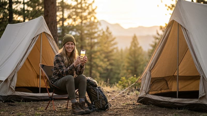 Smiling woman wearing a beanie and flannel shirt sitting in a camp chair holding a smartphone, situated between two white canvas tents at a mountain forest campsite during sunset, with a large hiking backpack resting beside her.