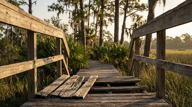 Damaged wooden boardwalk trail with broken, loose, and missing planks in the foreground creating a dangerous gap in the path, leading through a marshy landscape with pine trees, palmettos, and Spanish moss.