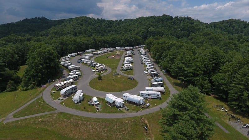 An aerial view of Lake Stephens campground, with 29 new sites surrounded by trees.