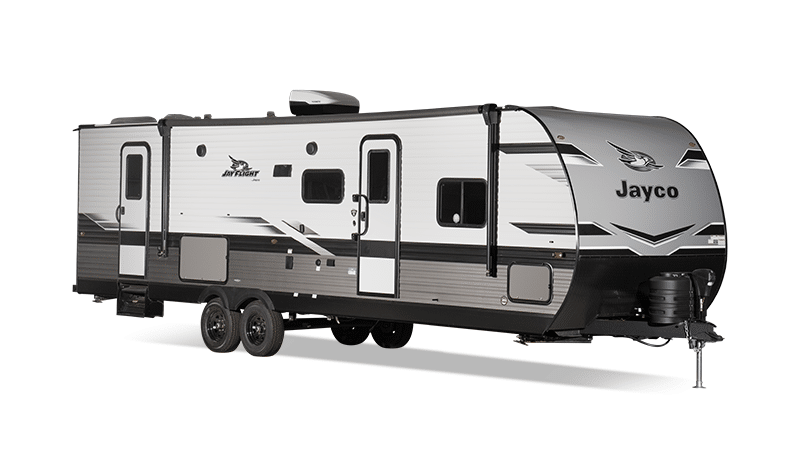 The 2019 Jayco RV, equipped with the innovative Connected RV System, is showcased on a sleek white background.