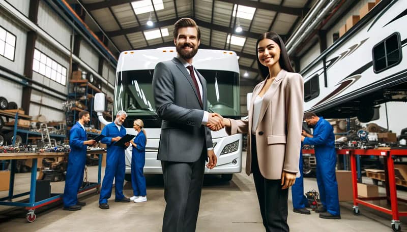 Businessman and woman shaking hands in front of a rv at General RV Center as part of a Strategic Partnership.