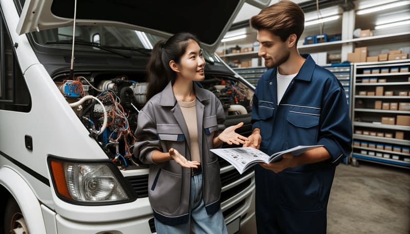 A man and a woman talking in front of a van at Parkview RV Center.
