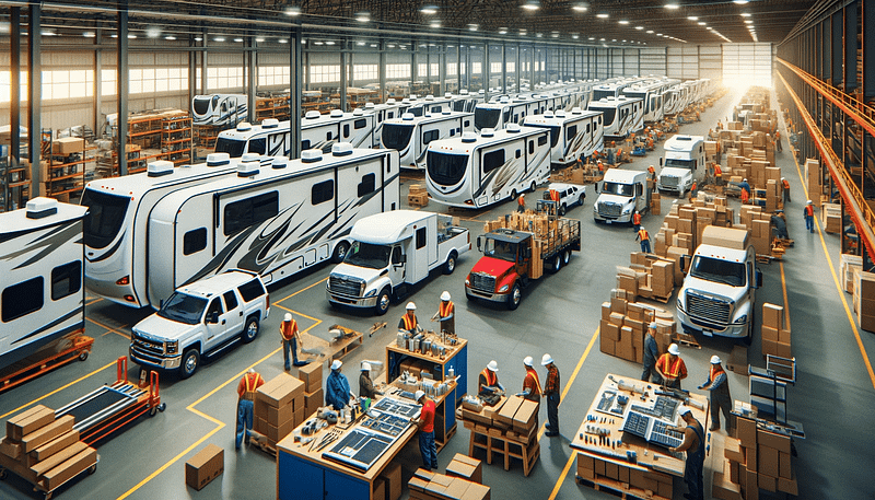 Navigating the RV industry's warehouse, brimming with shipments of rvs and trucks.