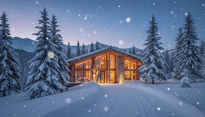 Contemporary alpine lodge with timber and stone facade at dusk, floor-to-ceiling windows glowing, snow-dusted evergreens, curved snowy path with faint ski tracks, distant mountain ridge under a twilight sky with light snowfall