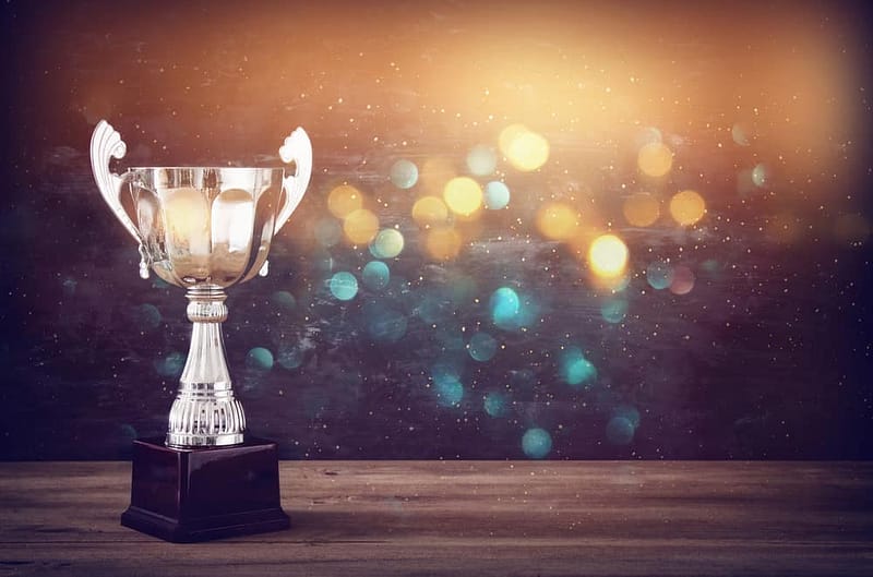 A silver trophy on a wooden table with a blurred background, symbolizing the Finalists of RVWA's Lifetime Achievement Award.