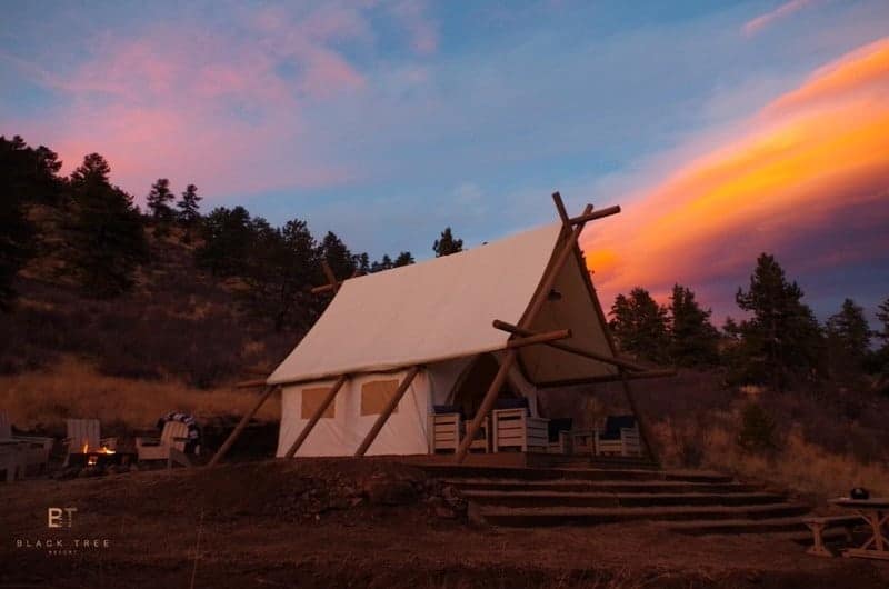 The Black Tree Resort offers a serene holiday experience as a tent sits on top of a hill with a stunning sunset behind it.