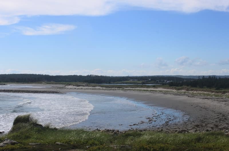 A beach in Nova Scotia with a lot of grass and sand.