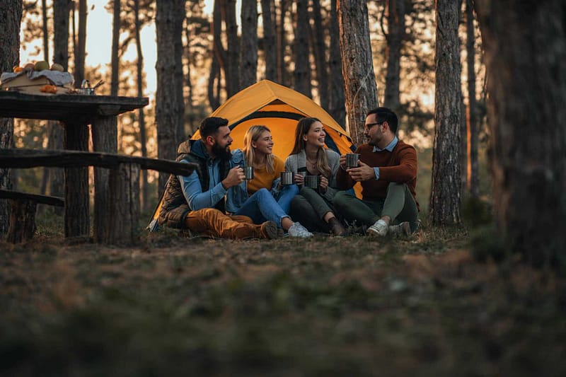 A group of friends sitting around a tent at Bonnie Vale Campground in the woods.