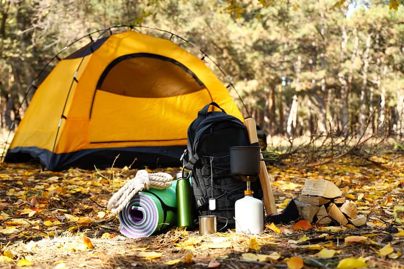 A camping setup in Inyo National Forest with a yellow tent, surrounded by fallen leaves, featuring backpack, rope, firewood, and camping gear.