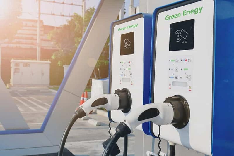 A blue and white EV charging station.